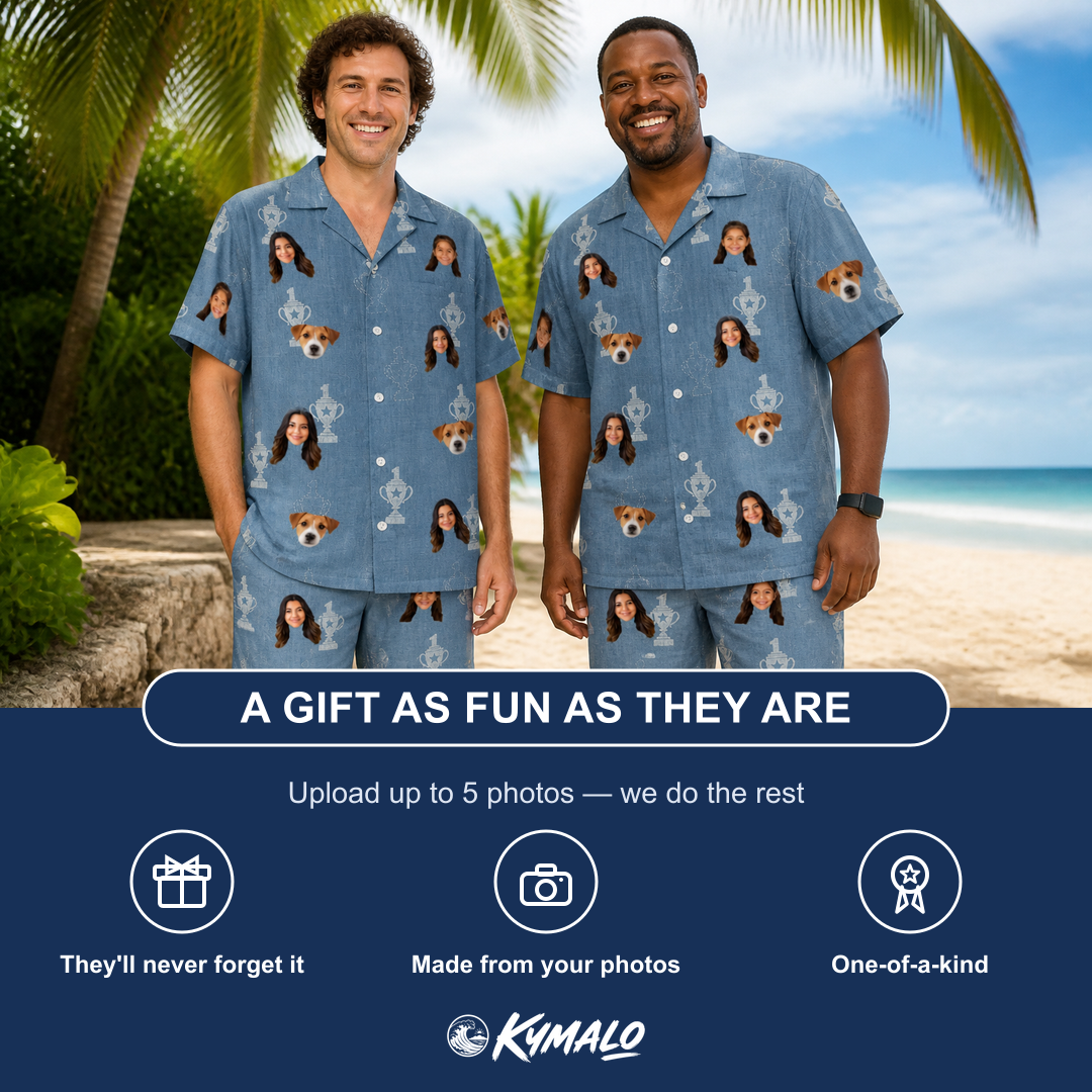 Friends in matching Men's Trophy Toppers Custom Face Shirt & Shorts Set — a group gift photo