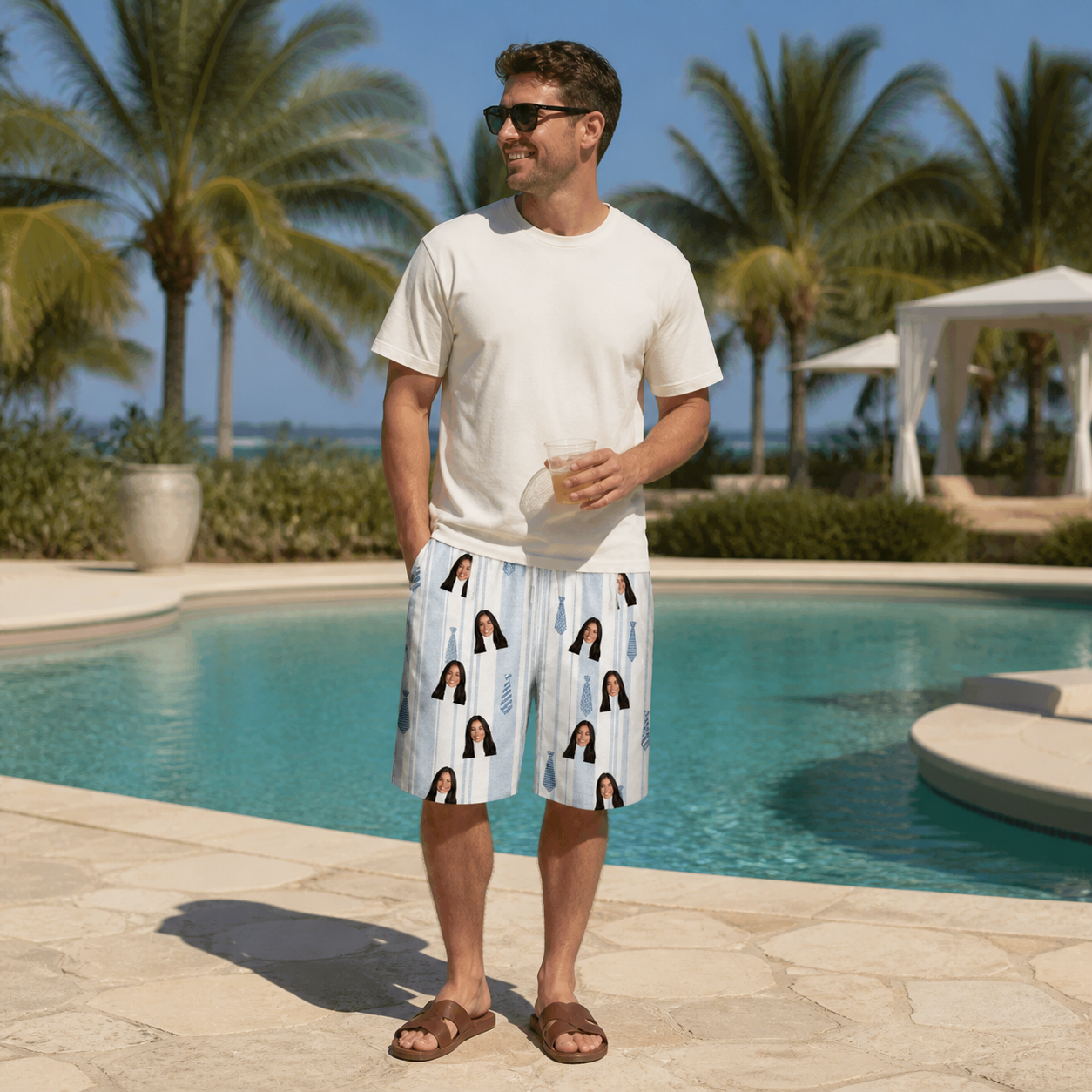Real-life photo of someone wearing Men's Collar Confetti Custom Face Beach Shorts — custom faces printed all-over