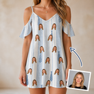 Woman wearing Women's Collar Confetti Custom Face Off-Shoulder Dress — custom faces printed all-over