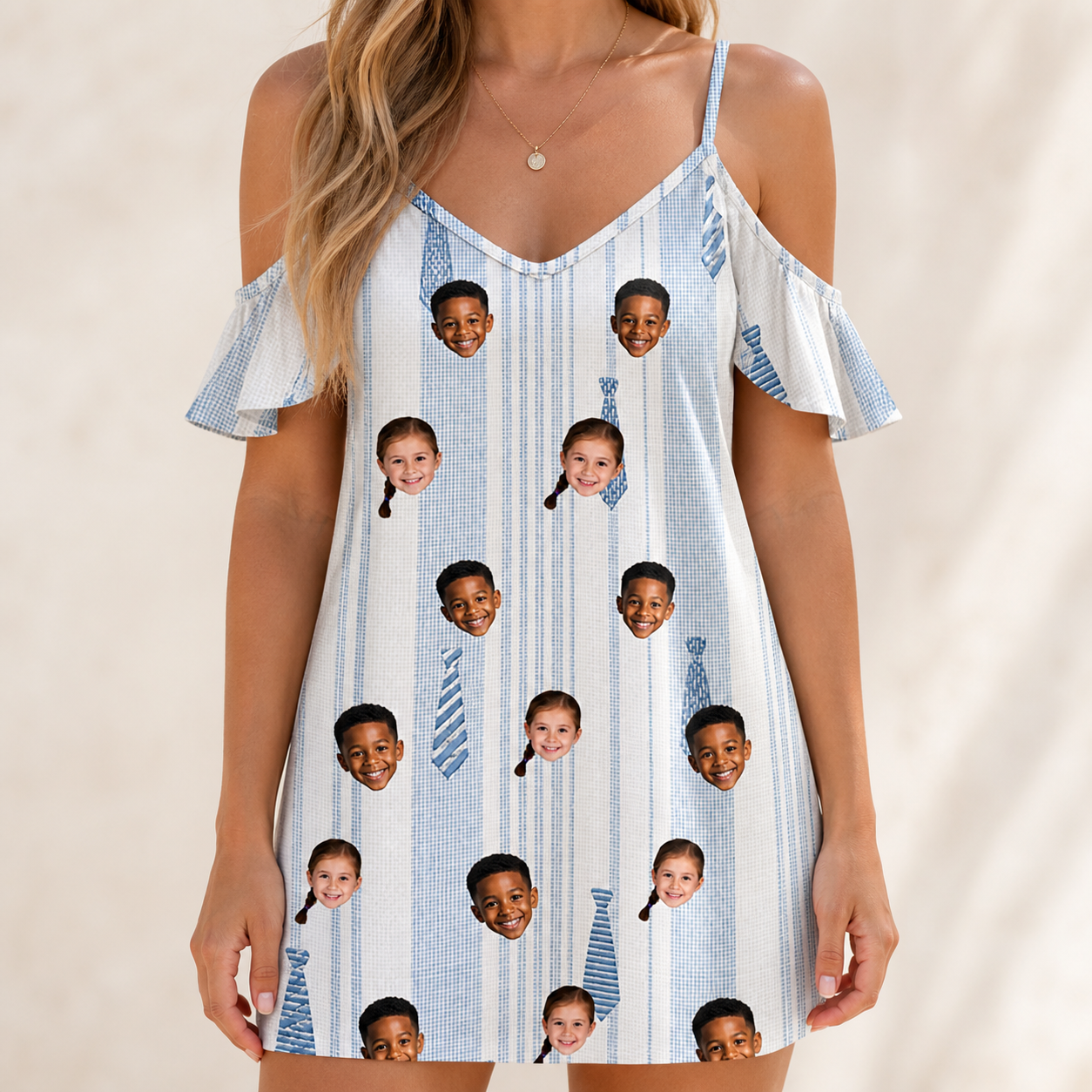 Model wearing Women's Collar Confetti Custom Face Off-Shoulder Dress printed with kids' faces