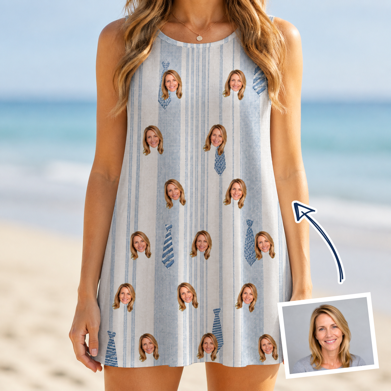 Woman wearing Women's Collar Confetti Custom Face Tank Dress — custom faces printed all-over