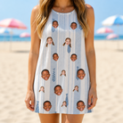 Model wearing Women's Collar Confetti Custom Face Tank Dress printed with kids' faces