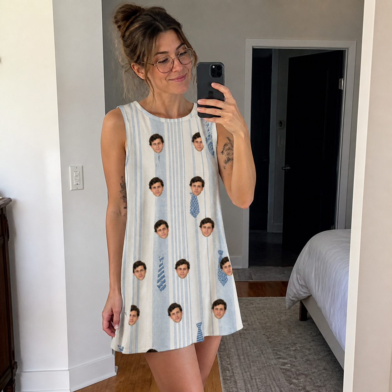 Real-life photo of someone wearing Women's Collar Confetti Custom Face Tank Dress — custom faces printed all-over