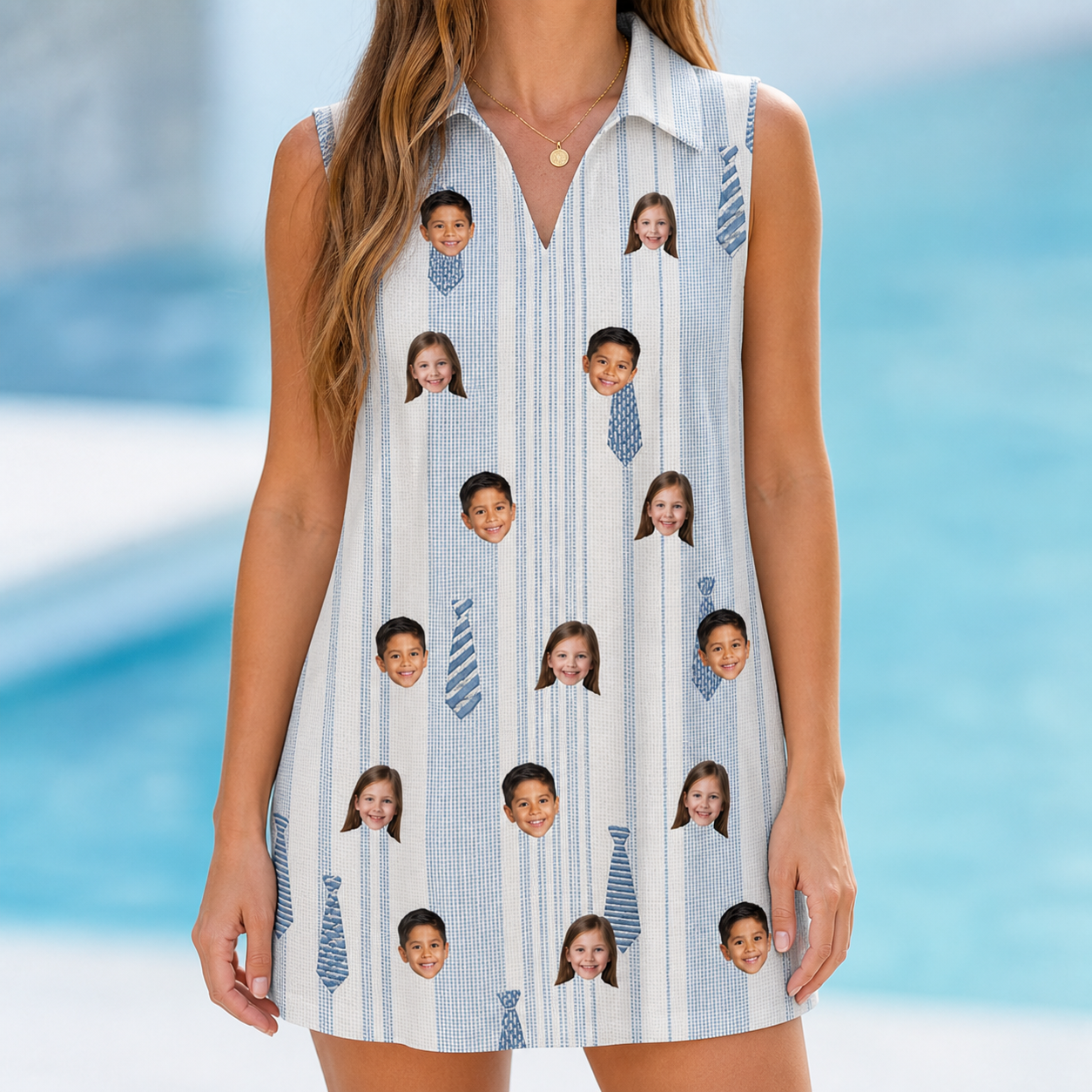 Model wearing Women's Collar Confetti Custom Face V-Neck Dress printed with kids' faces