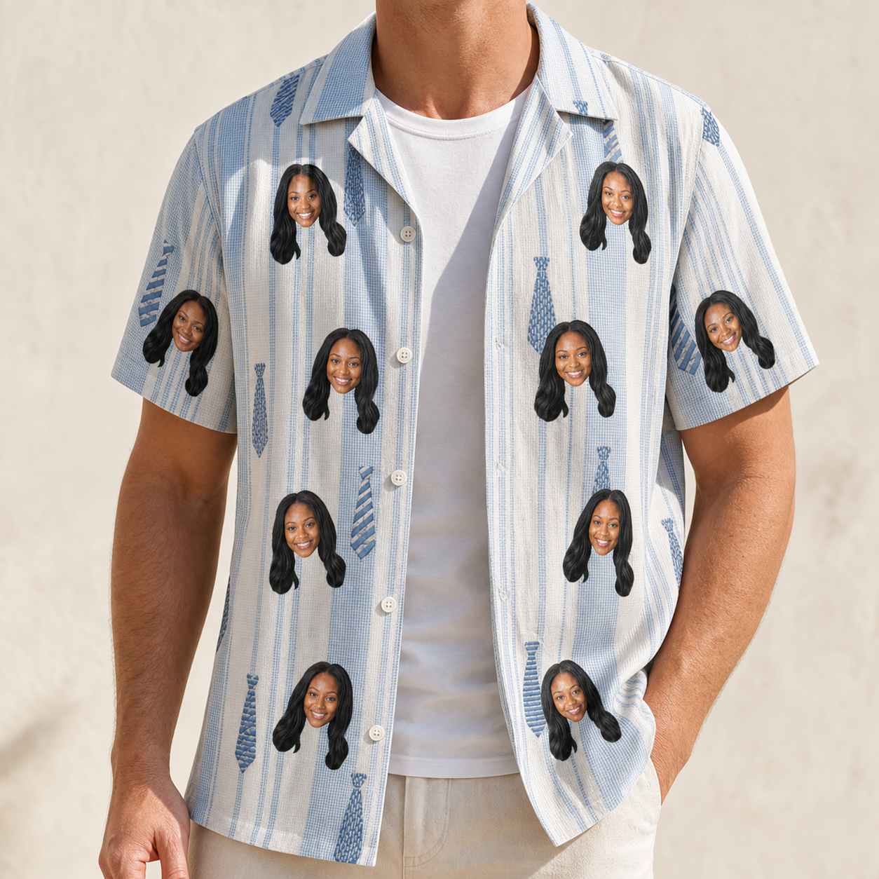 Man wearing Men's Collar Confetti Custom Face Hawaiian Shirt open over a white tee