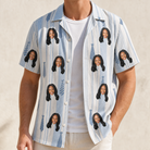 Man wearing Men's Collar Confetti Custom Face Hawaiian Shirt open over a white tee