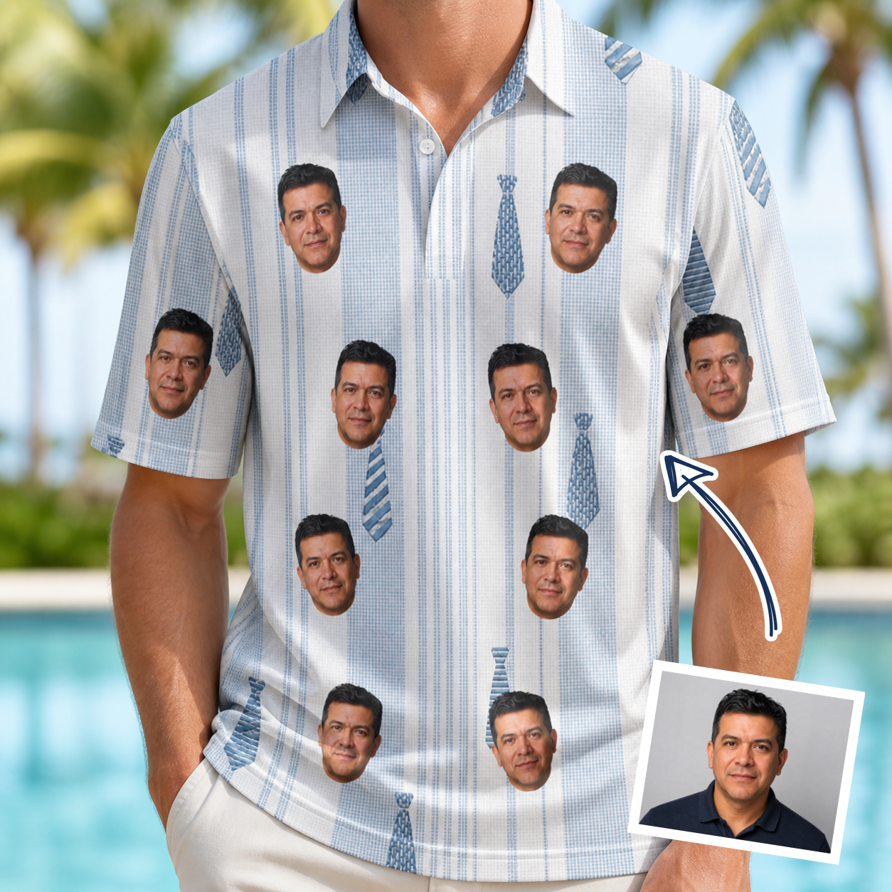 Man wearing Men's Collar Confetti Custom Face Polo Shirt — custom faces printed all-over