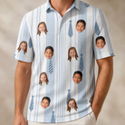 Model wearing Men's Collar Confetti Custom Face Polo Shirt printed with kids' faces