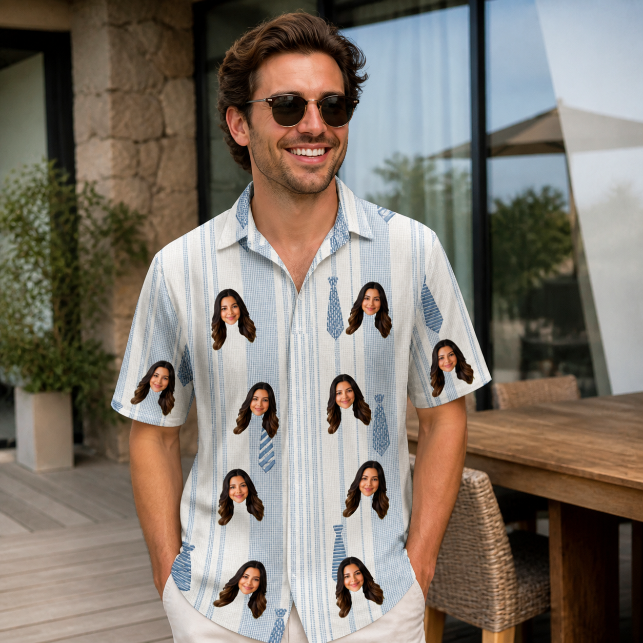 Real-life photo of someone wearing Men's Collar Confetti Custom Face Polo Shirt — custom faces printed all-over