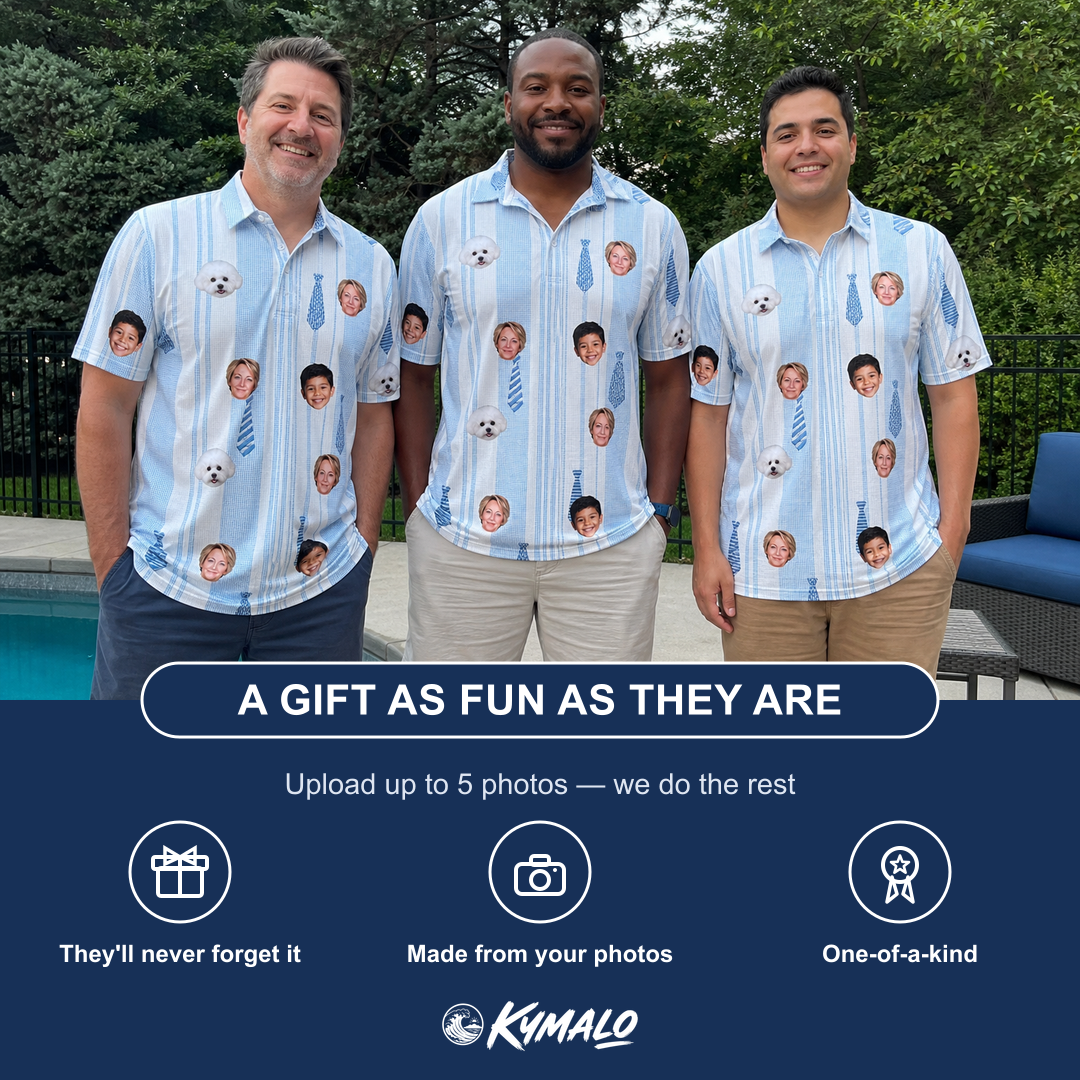Friends in matching Men's Collar Confetti Custom Face Polo Shirt — a group gift photo