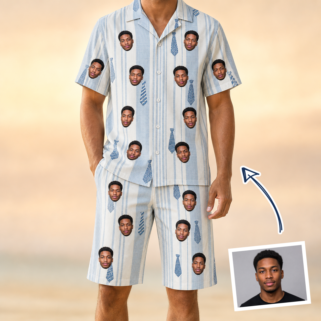 Man wearing Men's Collar Confetti Custom Face Shirt & Shorts Set — custom faces printed all-over