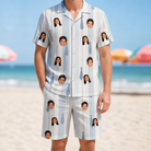 Model wearing Men's Collar Confetti Custom Face Shirt & Shorts Set printed with kids' faces