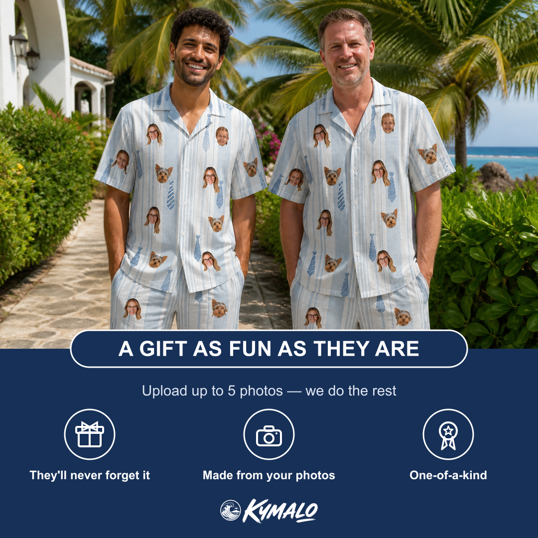 Friends in matching Men's Collar Confetti Custom Face Shirt & Shorts Set — a group gift photo