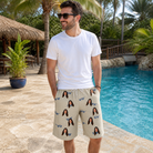 Real-life photo of someone wearing Men's Solar Sire Custom Face Beach Shorts — custom faces printed all-over