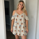 Real-life photo of someone wearing Women's Solar Sire Custom Face Off-Shoulder Dress — custom faces printed all-over