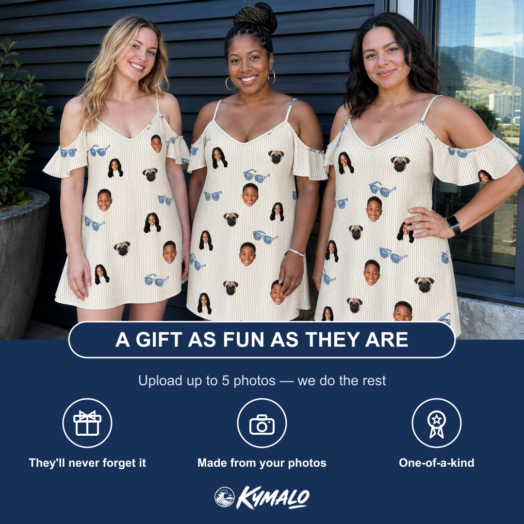 Friends in matching Women's Solar Sire Custom Face Off-Shoulder Dress — a group gift photo