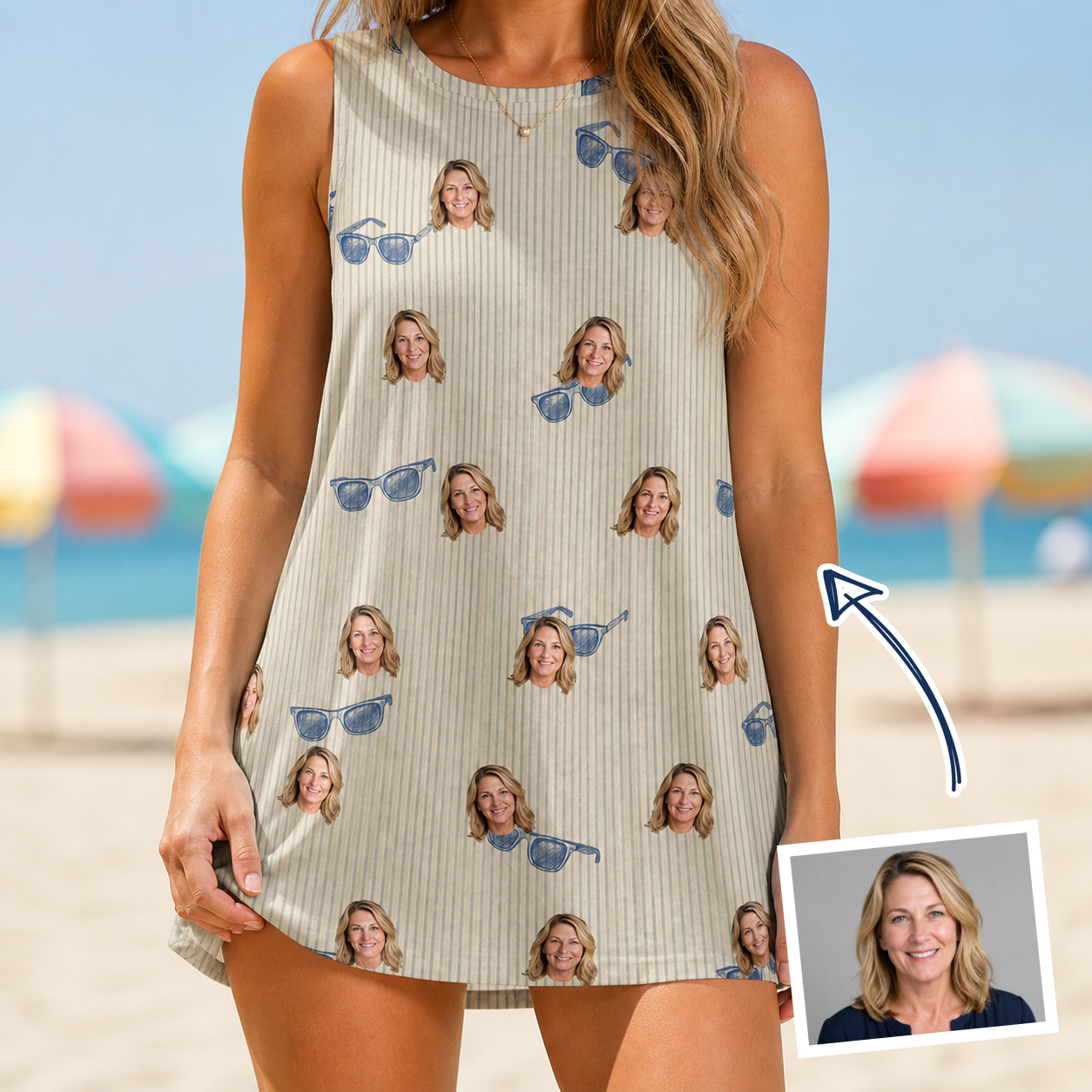 Woman wearing Women's Solar Sire Custom Face Tank Dress — custom faces printed all-over