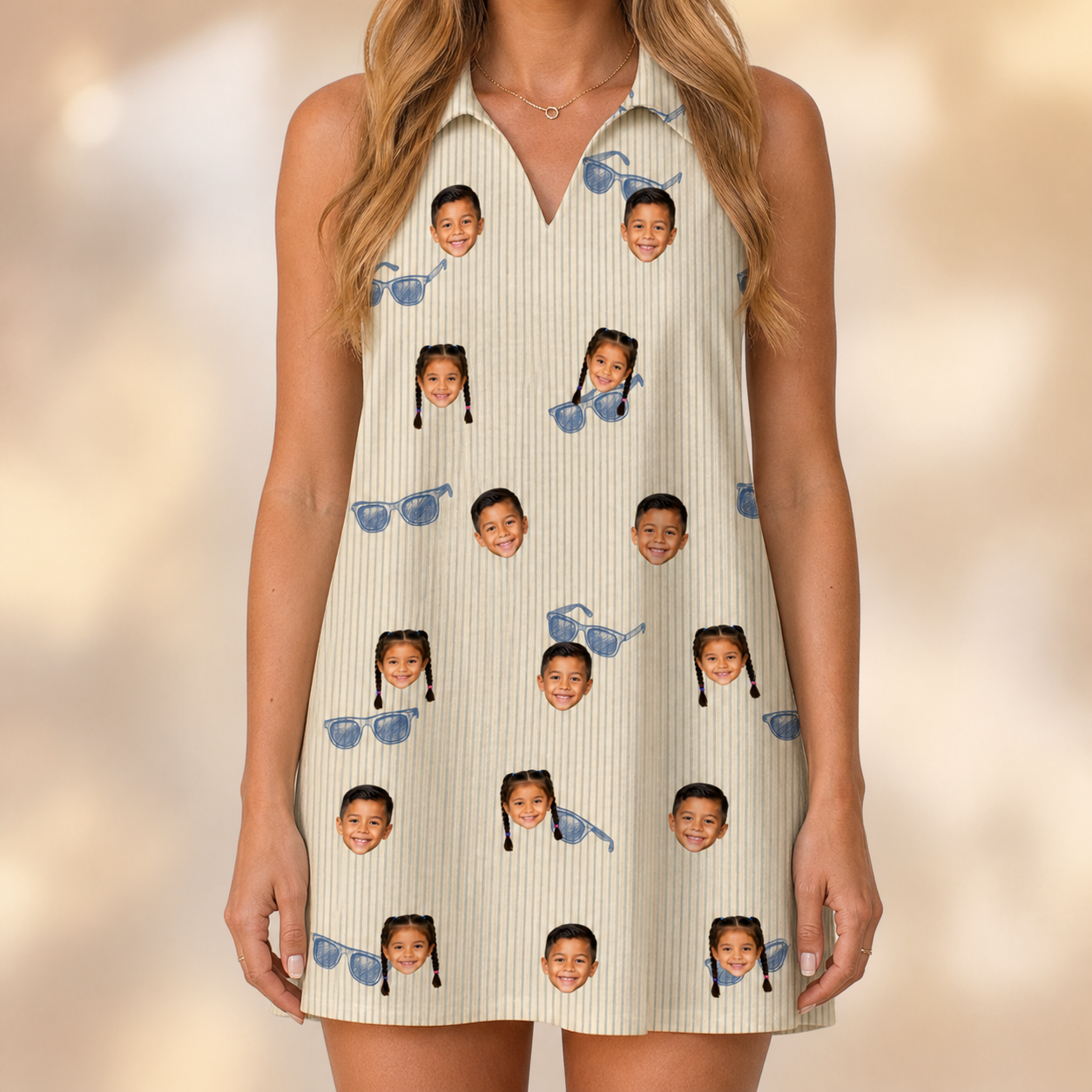 Model wearing Women's Solar Sire Custom Face V-Neck Dress printed with kids' faces