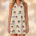 Model wearing Women's Solar Sire Custom Face V-Neck Dress printed with kids' faces
