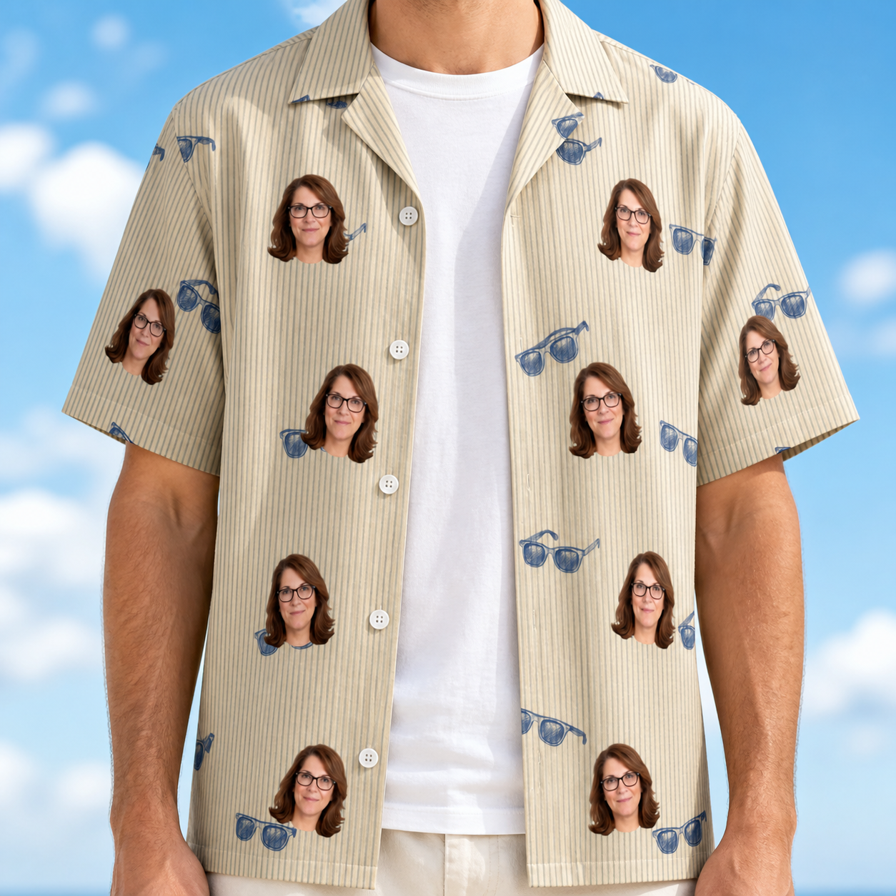 Man wearing Men's Solar Sire Custom Face Hawaiian Shirt open over a white tee