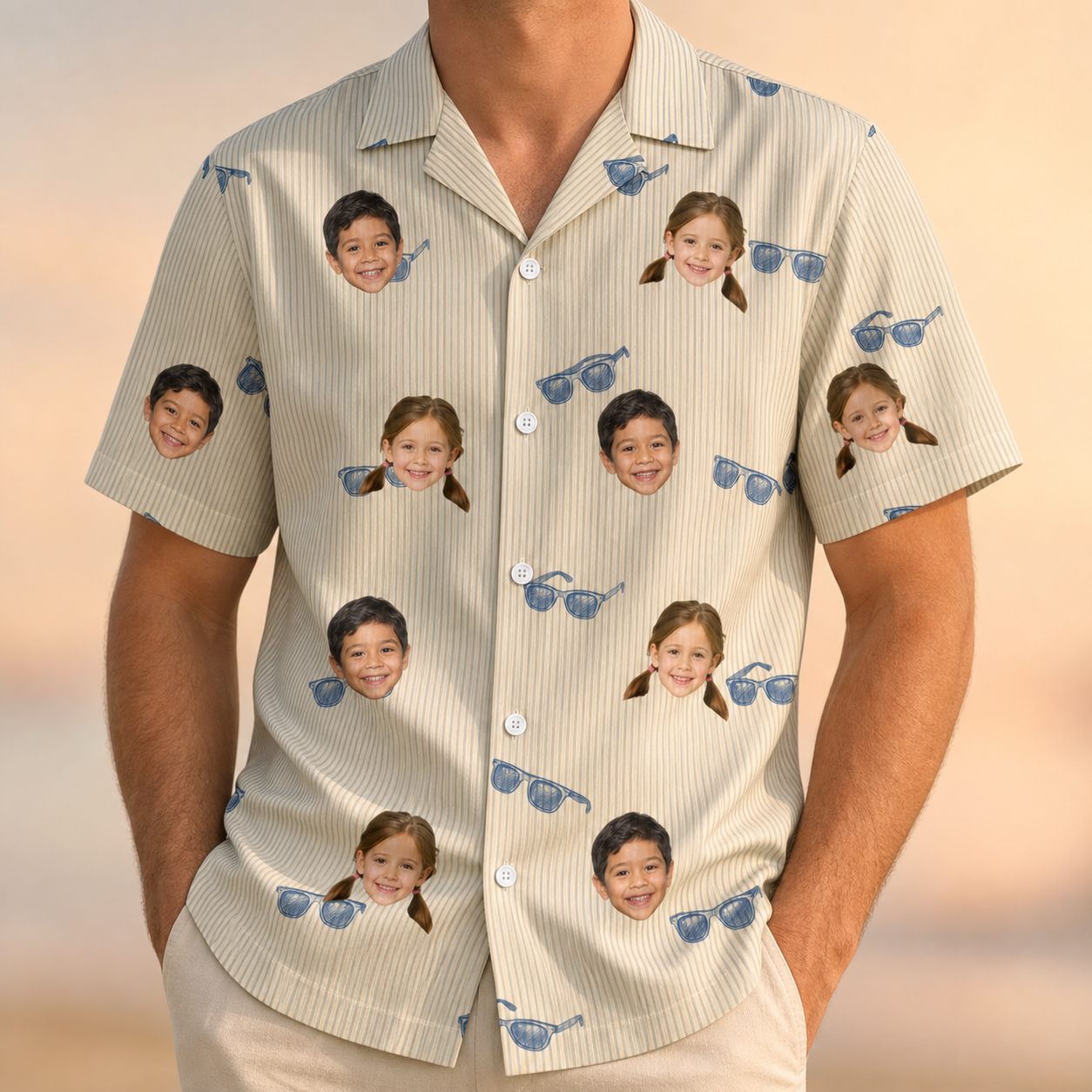 Model wearing Men's Solar Sire Custom Face Hawaiian Shirt printed with kids' faces