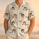 Model wearing Men's Solar Sire Custom Face Hawaiian Shirt printed with kids' faces