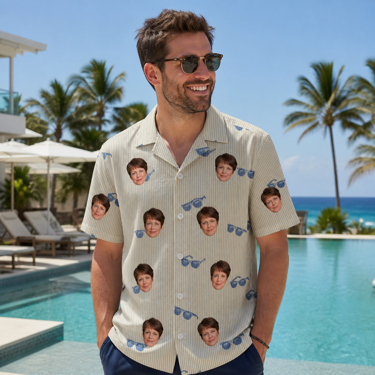 Real-life photo of someone wearing Men's Solar Sire Custom Face Hawaiian Shirt — custom faces printed all-over