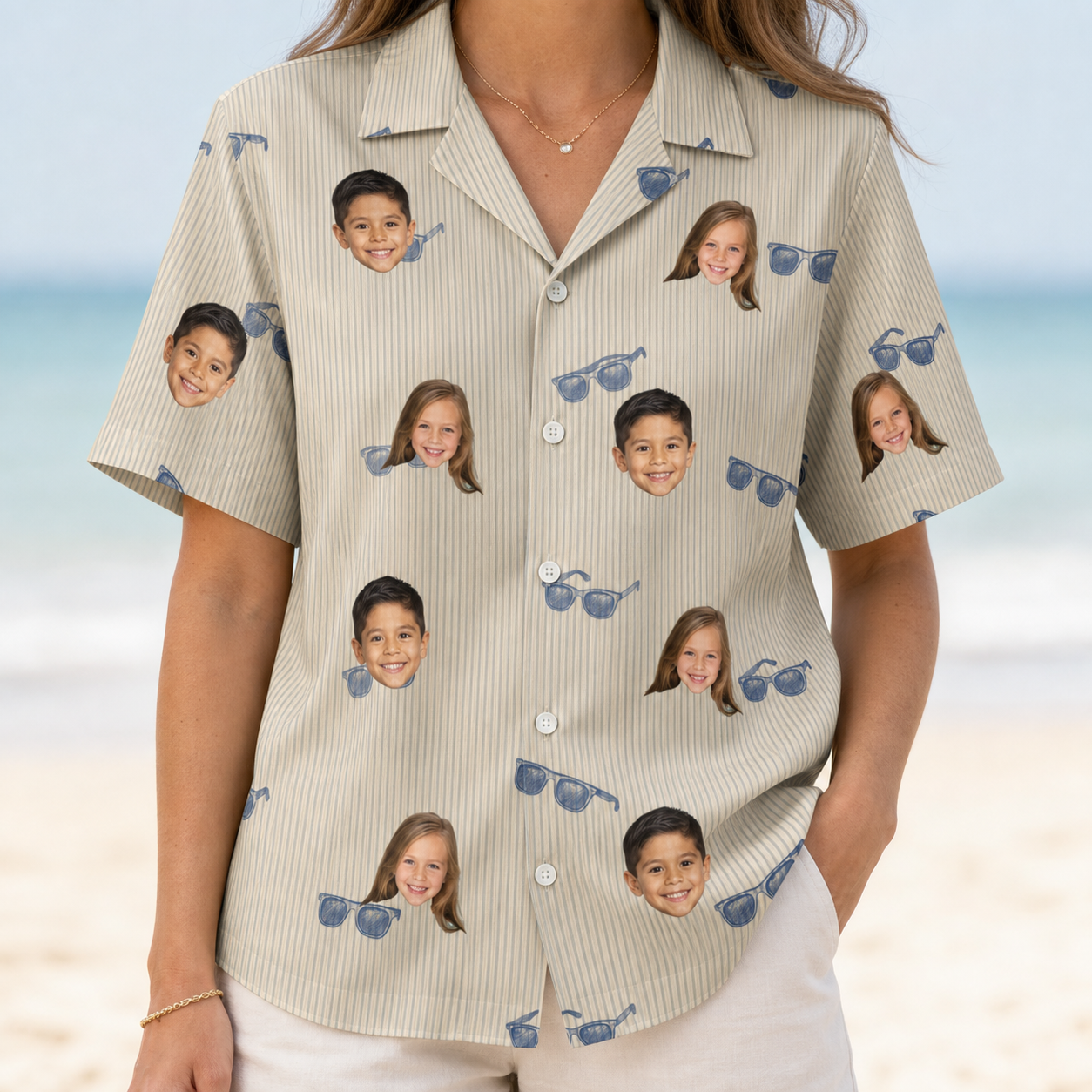 Model wearing Women's Solar Sire Custom Face Hawaiian Shirt printed with kids' faces