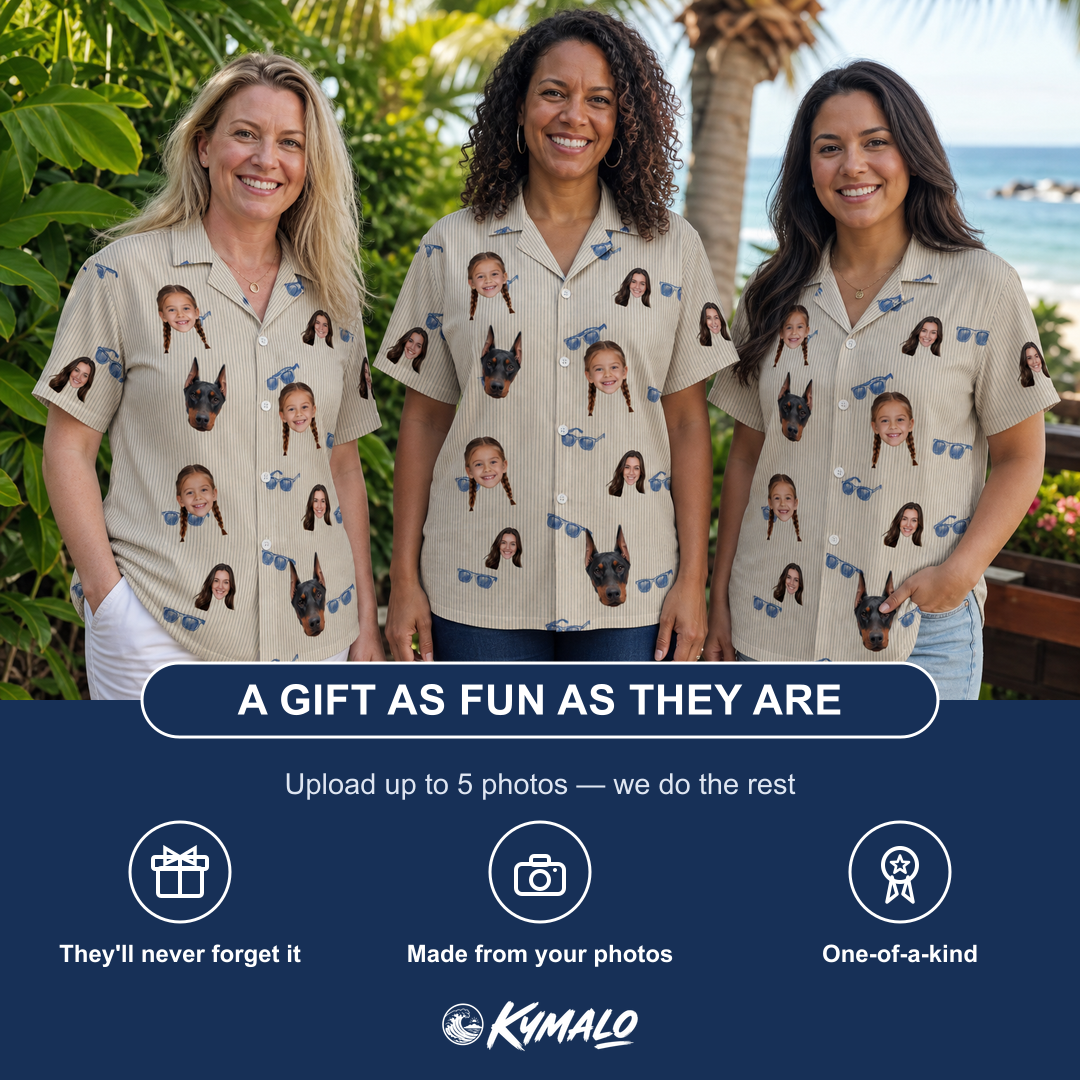 Friends in matching Women's Solar Sire Custom Face Hawaiian Shirt — a group gift photo
