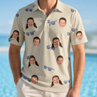 Model wearing Men's Solar Sire Custom Face Polo Shirt printed with kids' faces