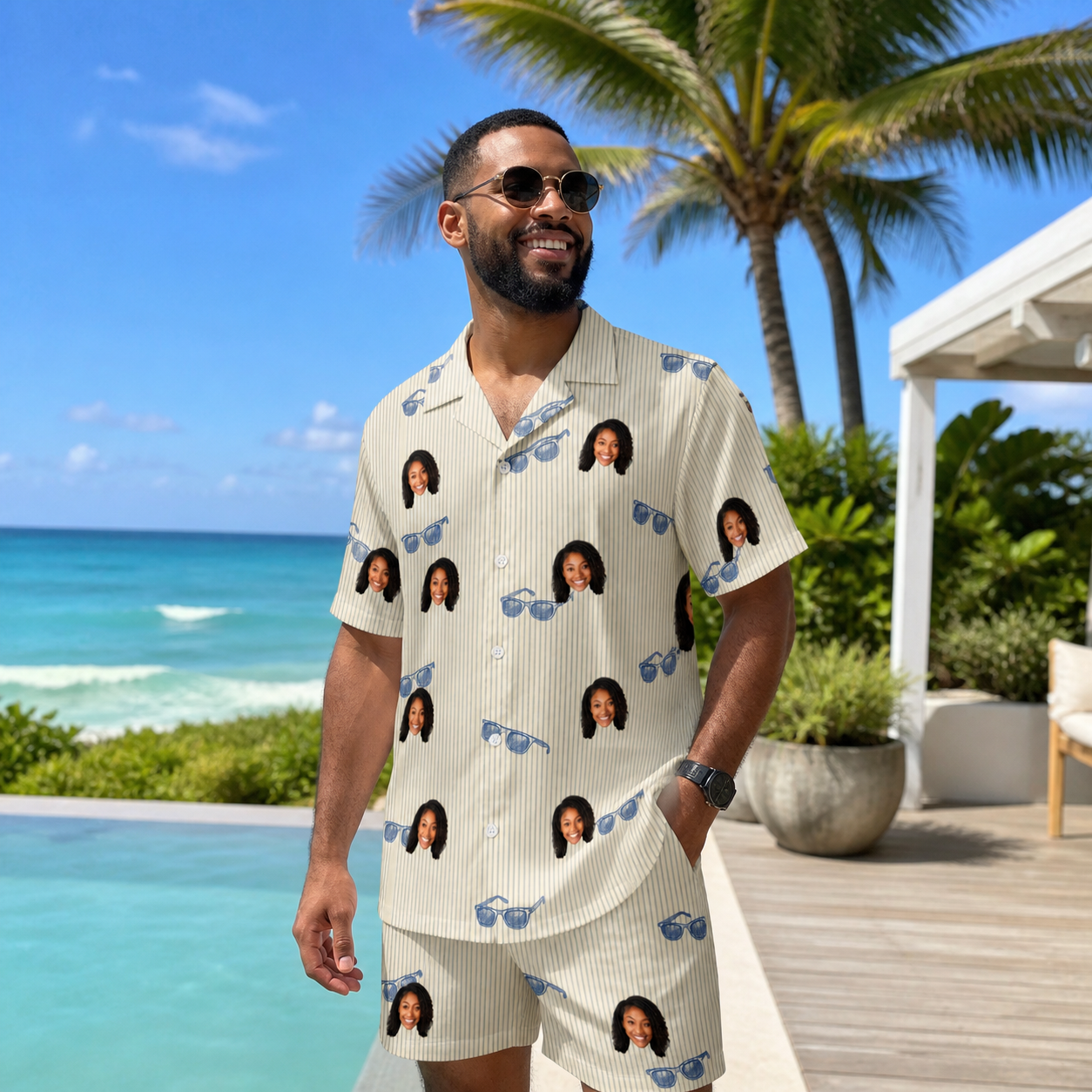 Real-life photo of someone wearing Men's Solar Sire Custom Face Shirt & Shorts Set — custom faces printed all-over