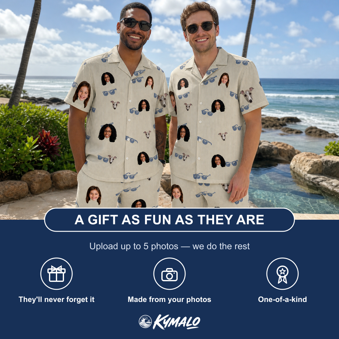 Friends in matching Men's Solar Sire Custom Face Shirt & Shorts Set — a group gift photo