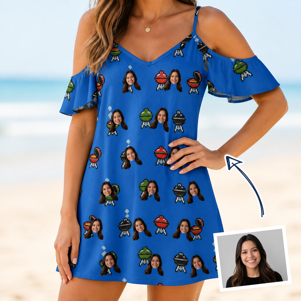 Woman wearing Women's Flame Fame Custom Face Off-Shoulder Dress — custom faces printed all-over