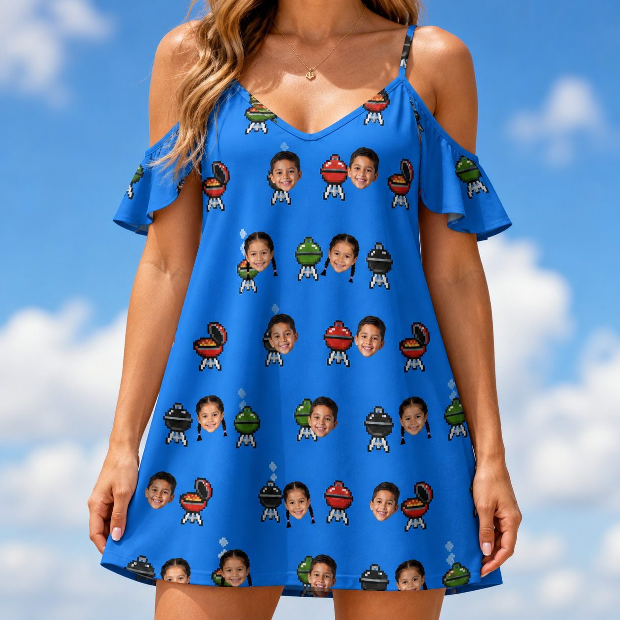 Model wearing Women's Flame Fame Custom Face Off-Shoulder Dress printed with kids' faces