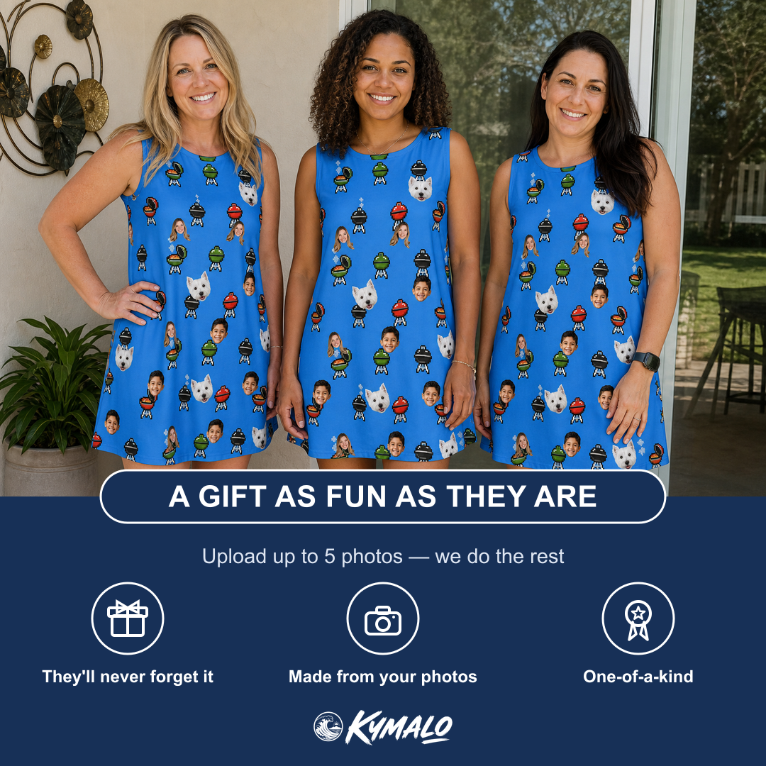 Friends in matching Women's Flame Fame Custom Face Tank Dress — a group gift photo