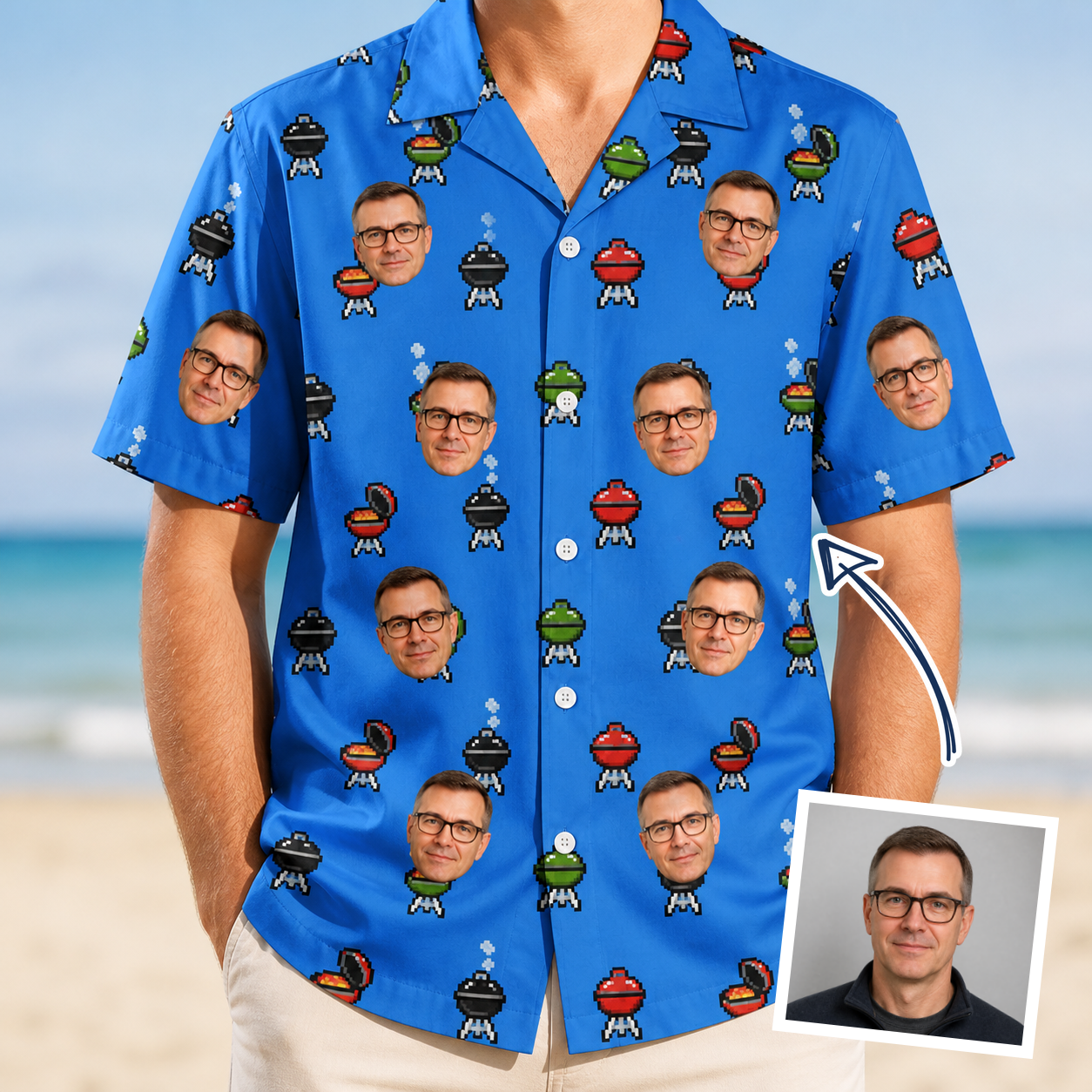 Man wearing Men's Flame Fame Custom Face Hawaiian Shirt — custom faces printed all-over