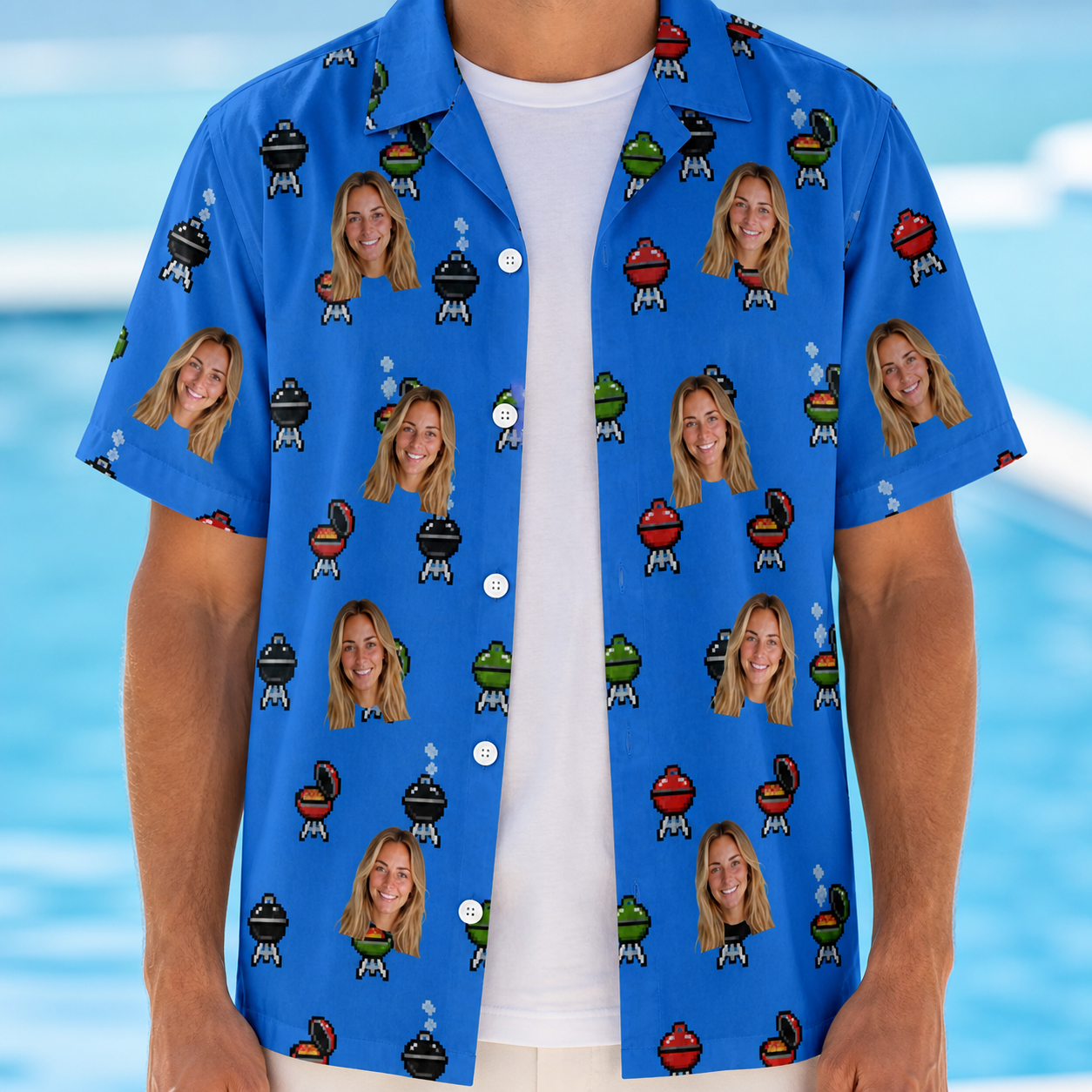 Man wearing Men's Flame Fame Custom Face Hawaiian Shirt open over a white tee