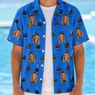 Man wearing Men's Flame Fame Custom Face Hawaiian Shirt open over a white tee