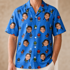 Model wearing Men's Flame Fame Custom Face Hawaiian Shirt printed with kids' faces