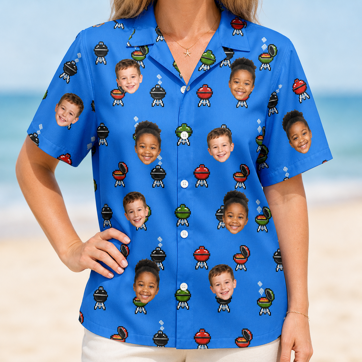 Model wearing Women's Flame Fame Custom Face Hawaiian Shirt printed with kids' faces