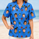 Model wearing Women's Flame Fame Custom Face Hawaiian Shirt printed with kids' faces