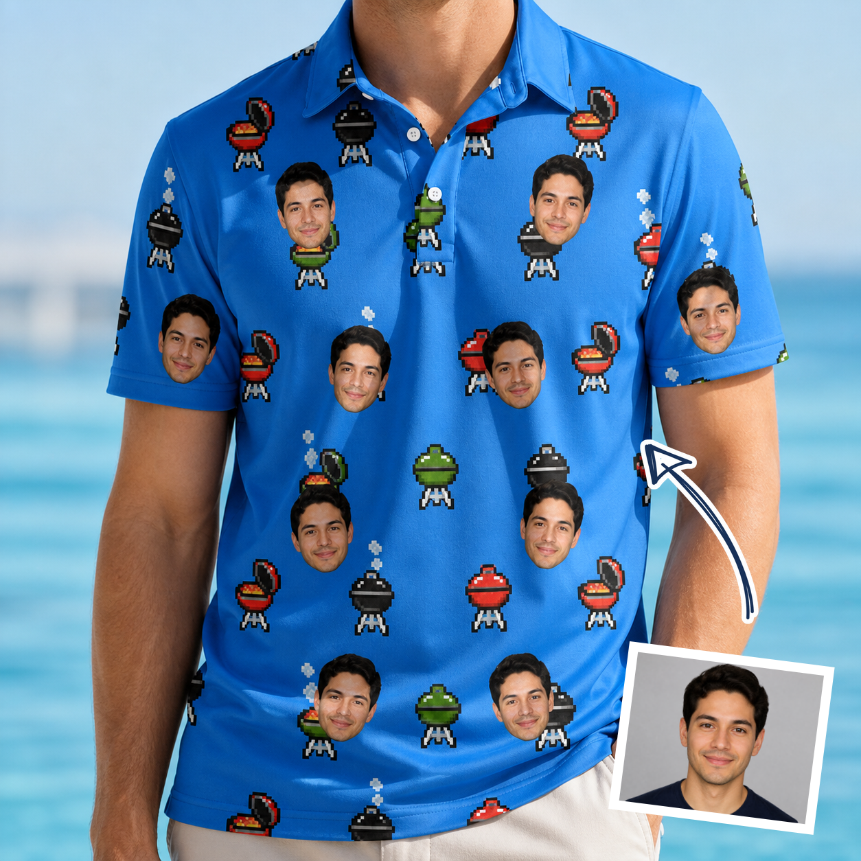 Man wearing Men's Flame Fame Custom Face Polo Shirt — custom faces printed all-over