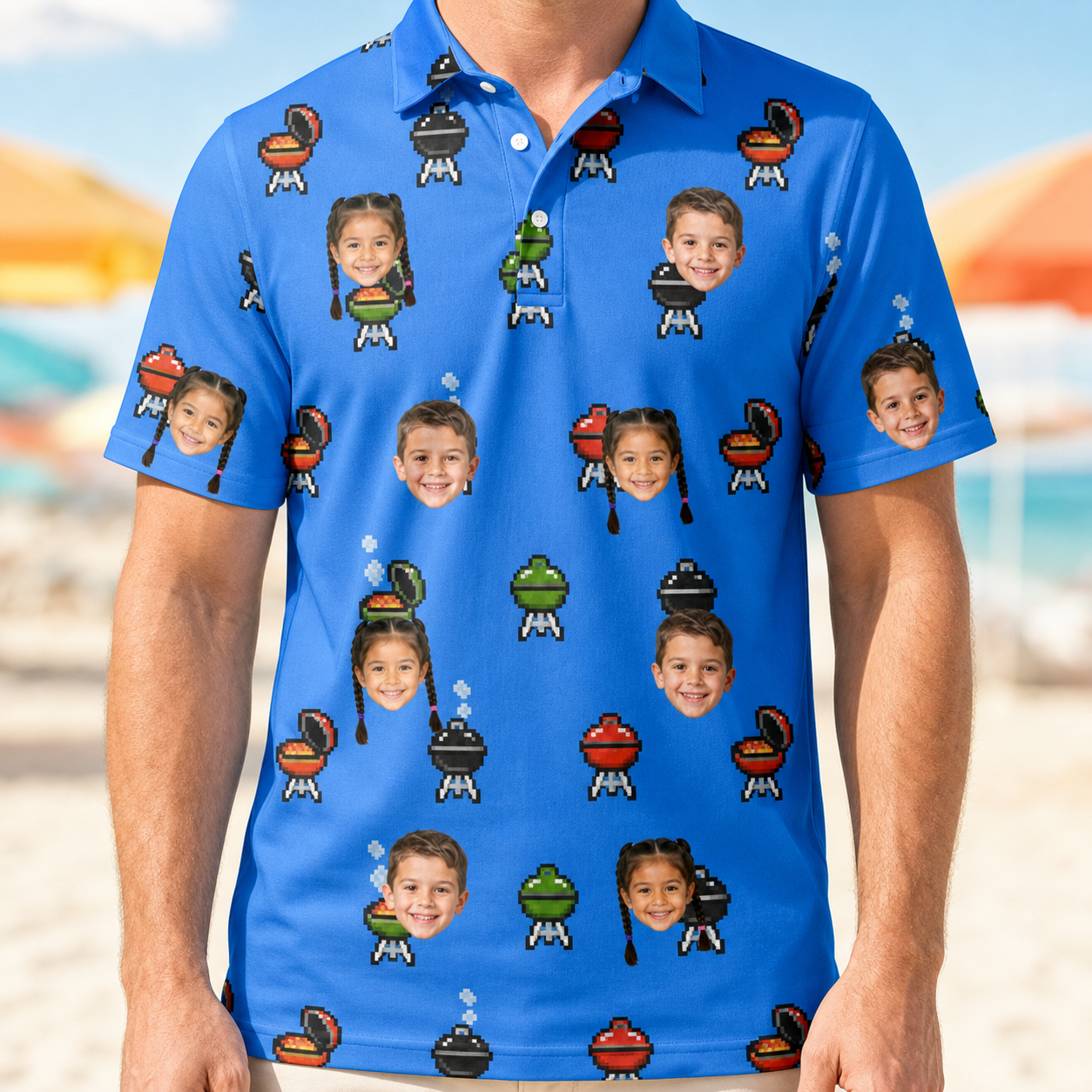 Model wearing Men's Flame Fame Custom Face Polo Shirt printed with kids' faces