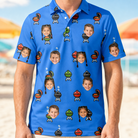 Model wearing Men's Flame Fame Custom Face Polo Shirt printed with kids' faces