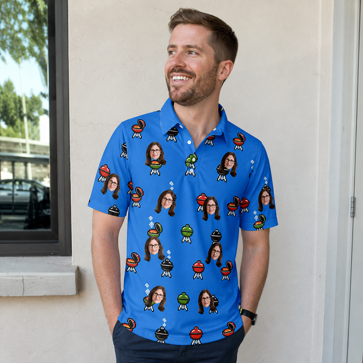 Real-life photo of someone wearing Men's Flame Fame Custom Face Polo Shirt — custom faces printed all-over