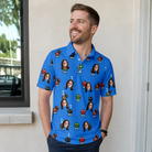 Real-life photo of someone wearing Men's Flame Fame Custom Face Polo Shirt — custom faces printed all-over