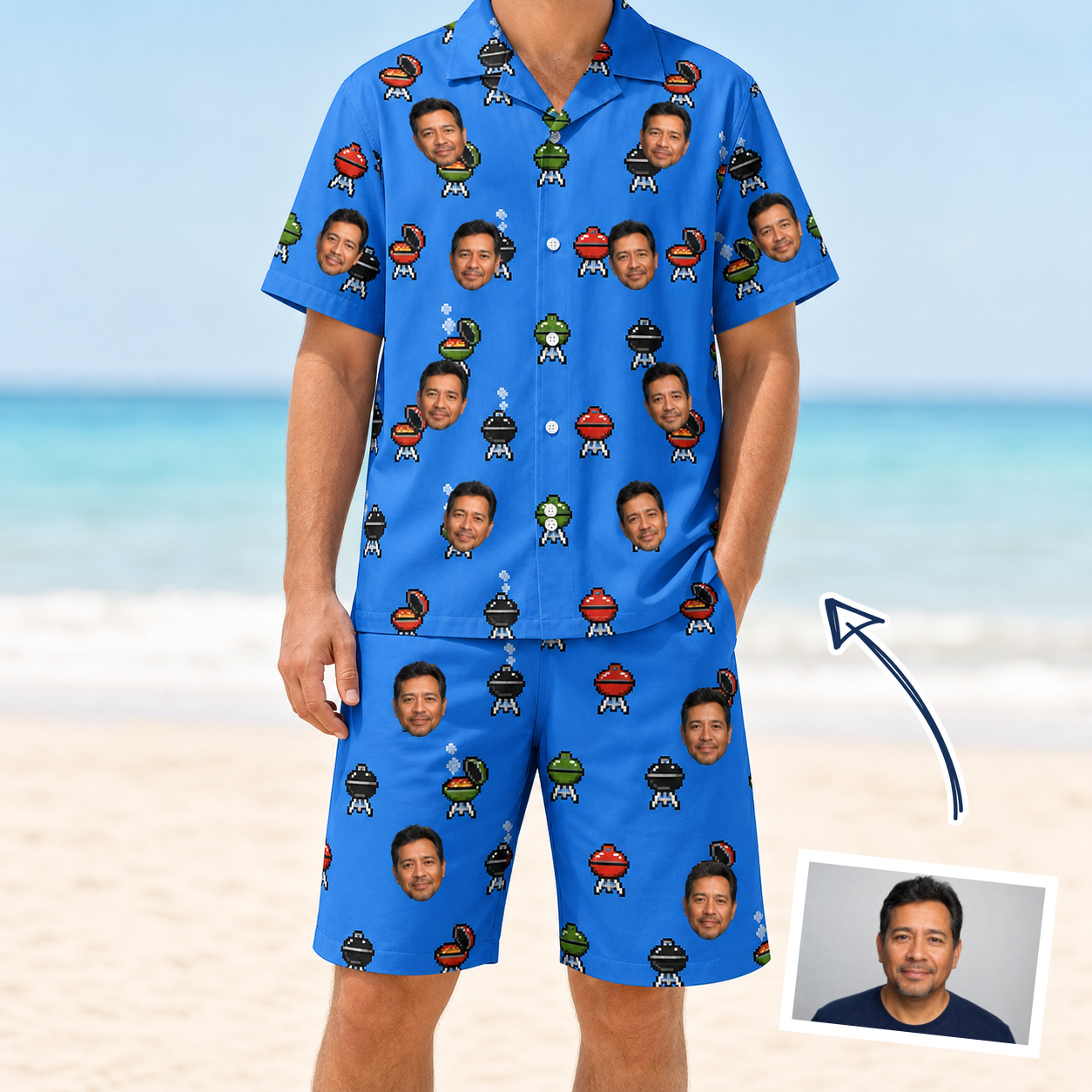 Man wearing Men's Flame Fame Custom Face Shirt & Shorts Set — custom faces printed all-over