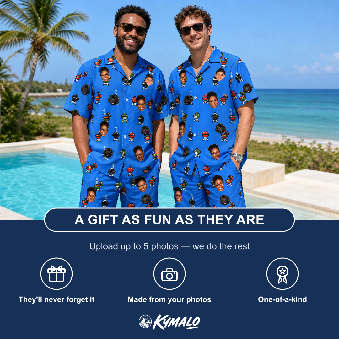 Friends in matching Men's Flame Fame Custom Face Shirt & Shorts Set — a group gift photo