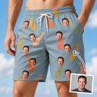 Man wearing Men's Dapper Dads Custom Face Beach Shorts — custom faces printed all-over