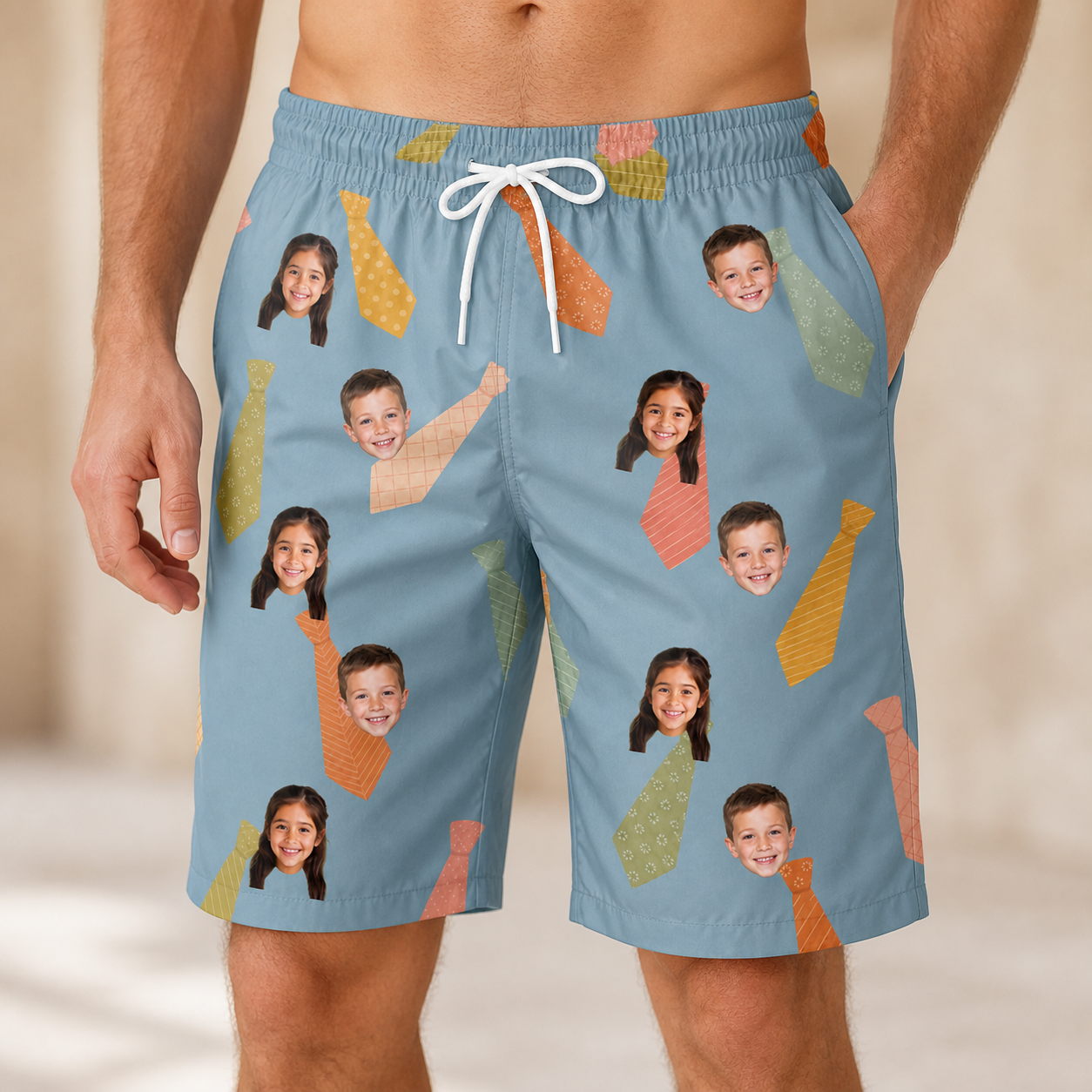 Model wearing Men's Dapper Dads Custom Face Beach Shorts printed with kids' faces